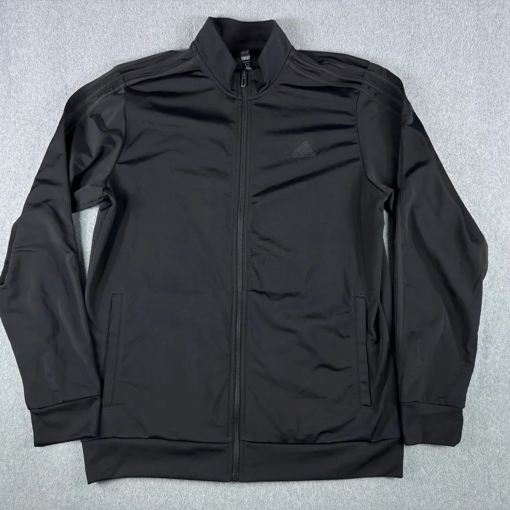 Adidas Track Jacket Mens L Black 3-Stripes Full Zip Mock Neck Pockets